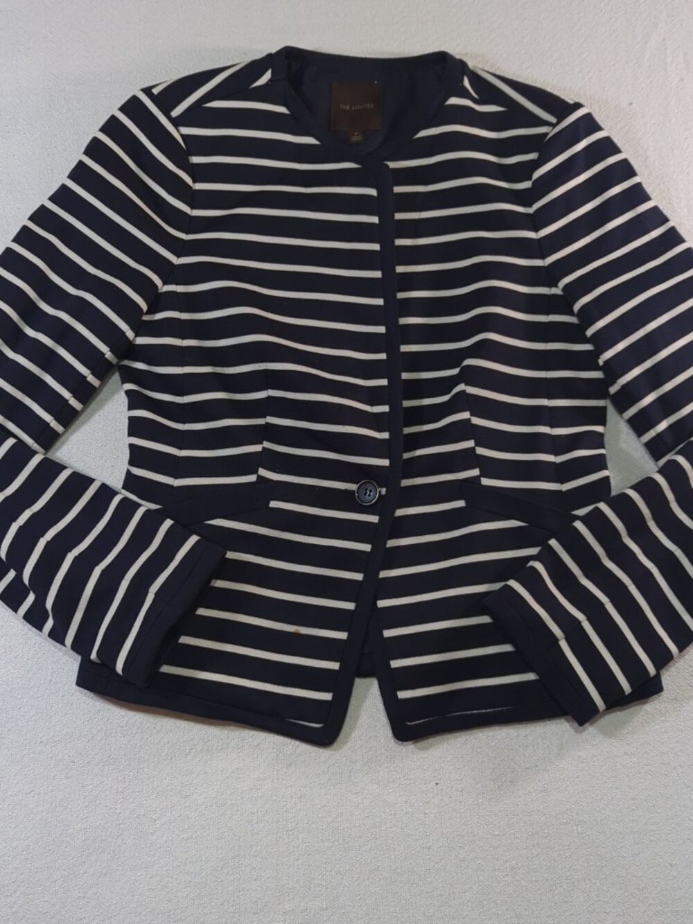 The Limited Navy Cream Striped Collarless Blazer Jacket Nautical Peplum Size M